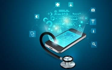 concept of telemedicine or e-health, graphic of realistic smart device with stethoscope reaching out from the screen concept of telemedicine or e-health, graphic of realistic smart device with stethoscope reaching out from the screen
